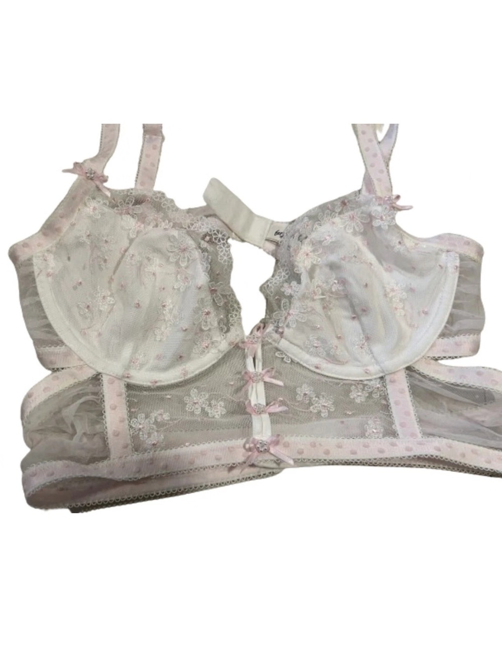 Victorias Secret For Love & Lemons Daisy Lace Long Bra Medium White/Pink NWOT